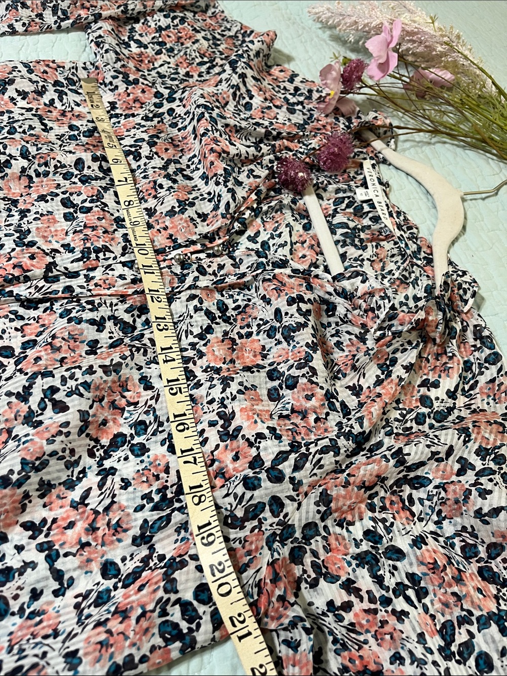 Veronica Beard Coral and Navy Floral Ruffle V-Neck Blouse - Picture 7 of 8